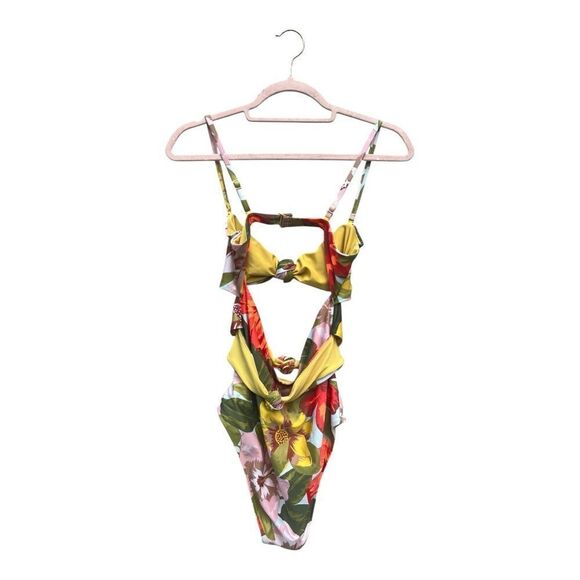 Aerie Swimsuit size medium Floral Cut Out Triple Knot Strapless One Piece Cheeky - Picture 4 of 5